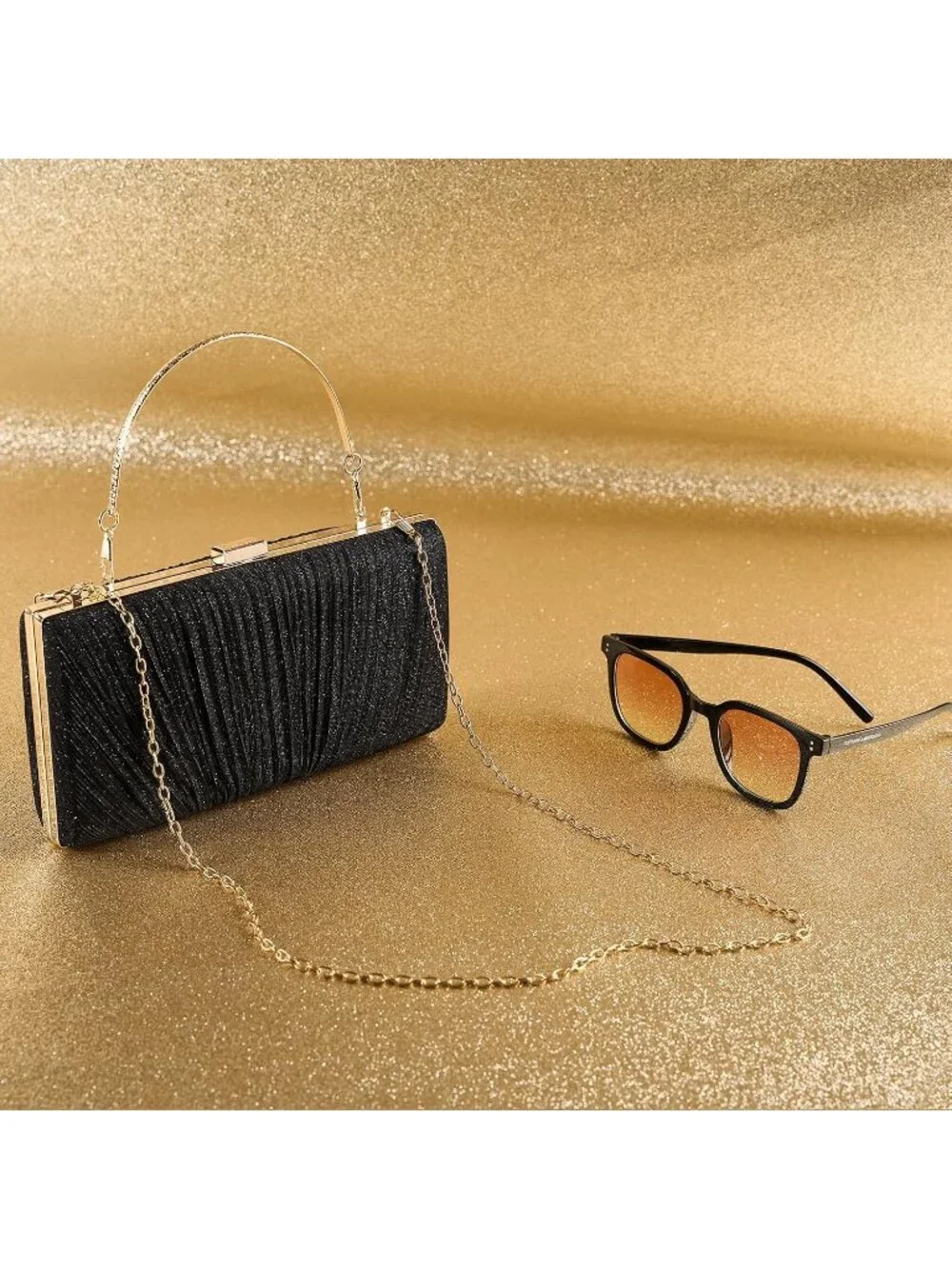 Women's Black Pleated Evening Handbag with Chain Prom Classic Clutch Purses